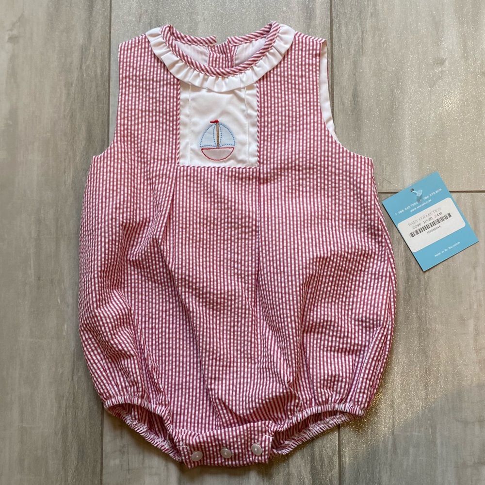 NWT Anavini Baby Red Seersucker Sailboat Costal Bubble Romper, girls 24 months